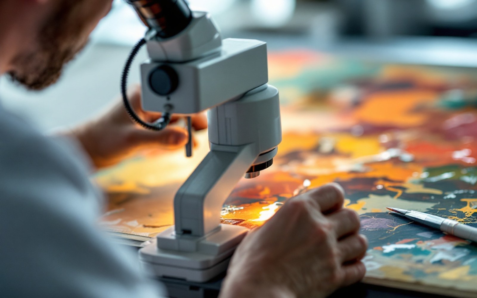 A binocular microscope positioned over a paint surface with an adult conservator looking through it