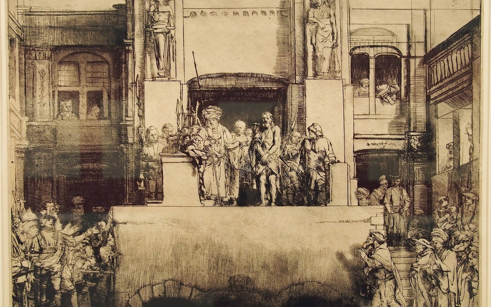 Etching depicts Christ presented to a crowd from an elevated stone platform amid ornate architecture