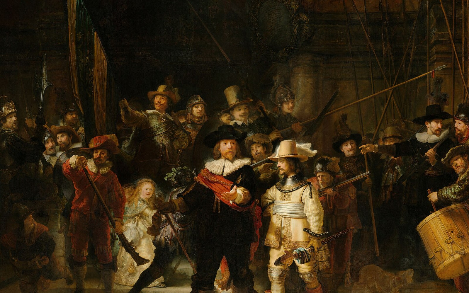 Baroque painting of civic guardsmen in dark clothing gathered with muskets and pikes